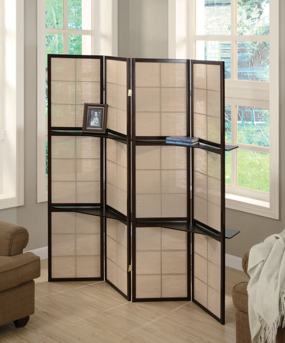 Iggy 4-panel Folding Screen with Removable Shelves Tan and Cappuccino
