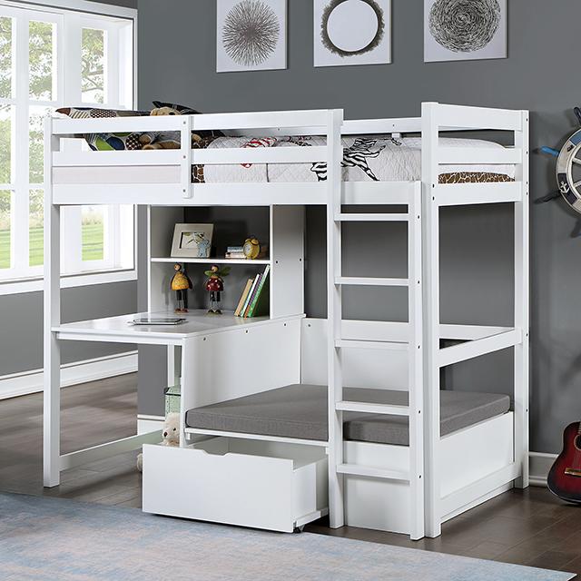 CALLISTUS Twin Workstation Loft Bed, White & Gray - LATIN HOME FURNITURE - (POMONA,CA)