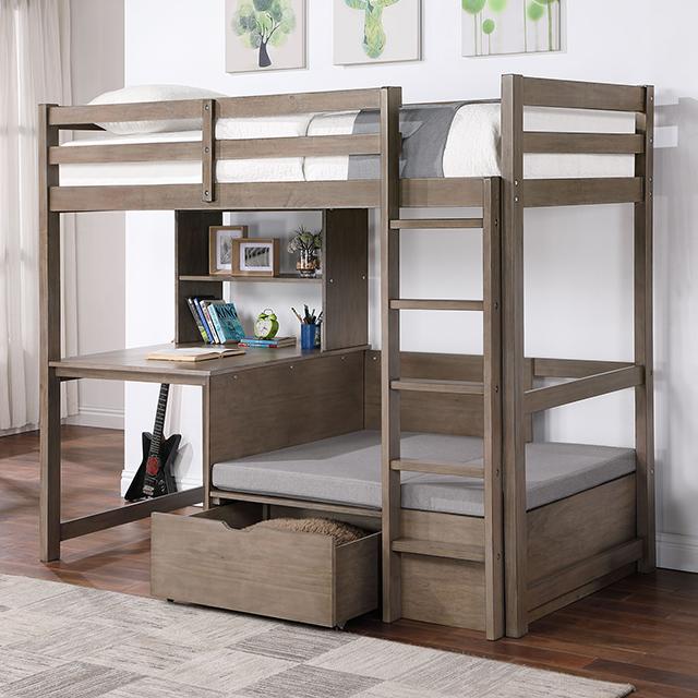 CALLISTUS Twin Workstation Loft Bed, White & Gray - LATIN HOME FURNITURE - (POMONA,CA)