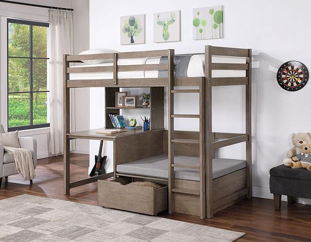 CALLISTUS Twin Workstation Loft Bed, White & Gray - LATIN HOME FURNITURE - (POMONA,CA)
